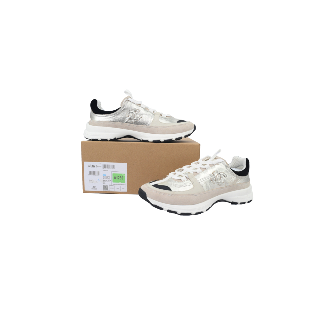 Chanel Interlocking CC Logo Laminated Calfskin Suede Calfskin Sneakers Light Gold, Light Gray Black