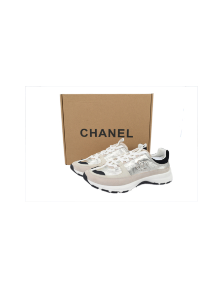 Chanel Interlocking CC Logo Laminated Calfskin Suede Calfskin Sneakers Light Gold, Light Gray Black
