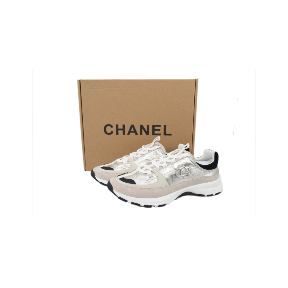 Chanel Interlocking CC Logo Laminated Calfskin Suede Calfskin Sneakers Light Gold, Light Gray Black