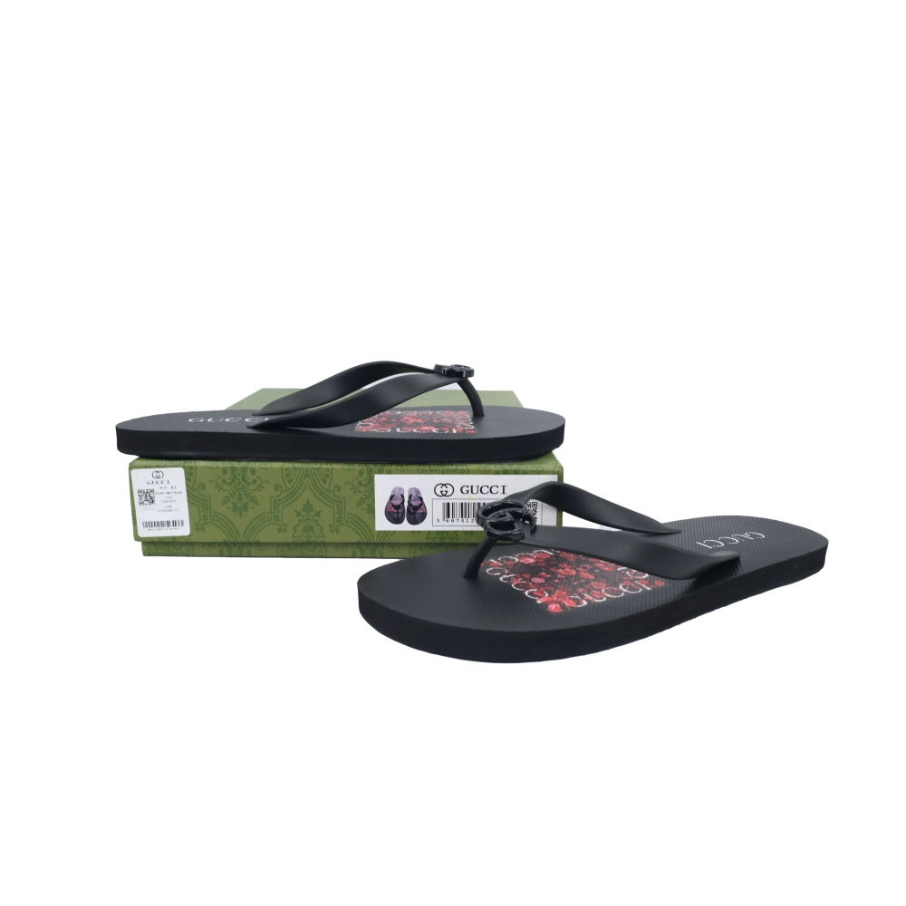 Gucci Flip Flops Red Bottom Flower Black