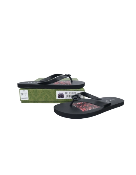 Gucci Flip Flops Red Bottom Flower Black