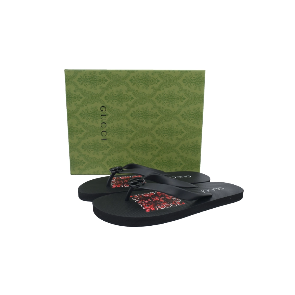 Gucci Flip Flops Red Bottom Flower Black