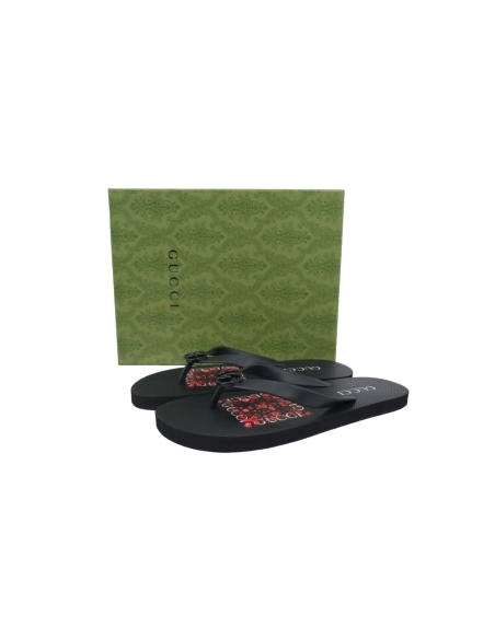 Gucci Flip Flops Red Bottom Flower Black