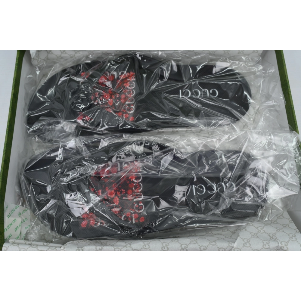 Gucci Flip Flops Red Bottom Flower Black
